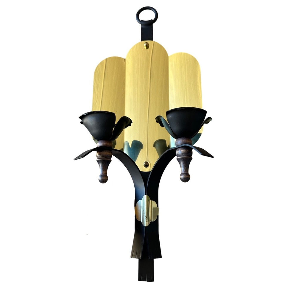 Vintage Mid Century Brass & Black Metal Tulip Wall Sconce Candle Holder 21"